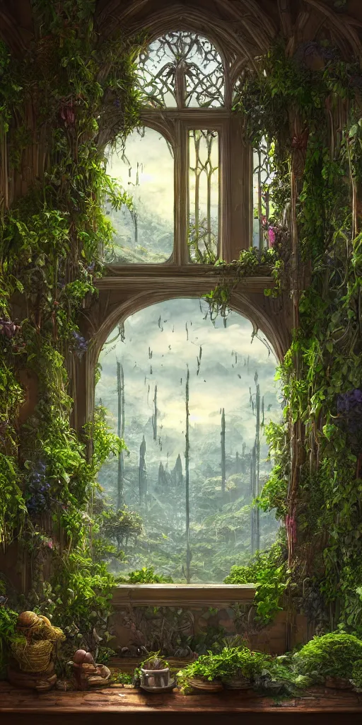 Prompt: lush fantasy Elvish windowsill with lush plants on it, interior of room, looking out toward an Elvish metropolitan cityscape, vignette of windowsill, Rivendell, detailed digital concept art by John Howe, trending on artstation