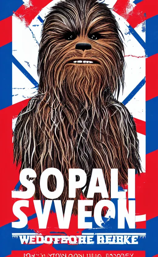 Image similar to chewbacca presidential election poster showing close up of chewbacca face red and blue duotone by sheperd fairey no text