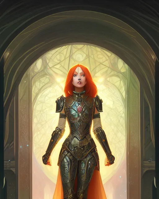 Image similar to symmetry full body of redhead princess, glam, cleric wearing armor plate, fireflies, crypt background, intricate, elegant, highly detailed, digital painting, artstation, concept art, smooth, sharp focus, illustration, art by artgerm and greg rutkowski and fra angelico and alphons mucha