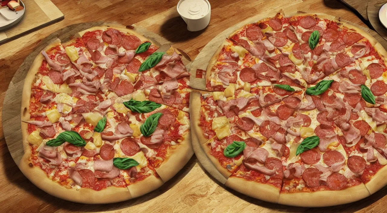 Prompt: one round tasty pizza on a plat in a restaurant with pineapple and ham, the restaurant is at the coast of italy, ultra realistic, artstation