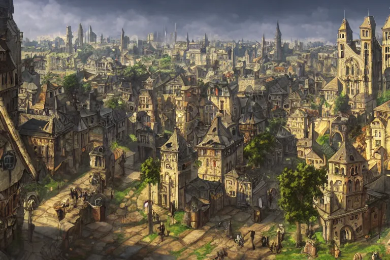 Image similar to middle ages city landscape, beautiful, artstation trending, deviantart, highly detailed, focus, smooth, by hirohiko araki, yoshitaka amano