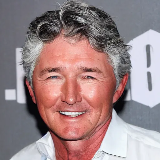 Prompt: patrick duffy shoulder length grey hair wearing a white shirt