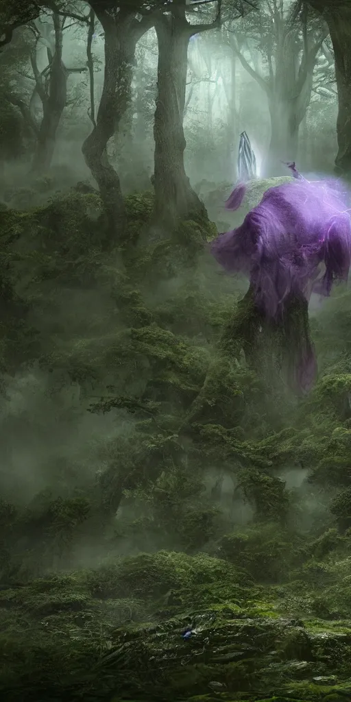 Prompt: a very small transluscent light purple ghost, surrounded by a green forrest, moody , lovecraft, giger, ridley scott, zack snyder, Fenghua Zhong, realistic cinematic lighting, establishing action shot, ultra detailed, hyper realism, photo, octane render