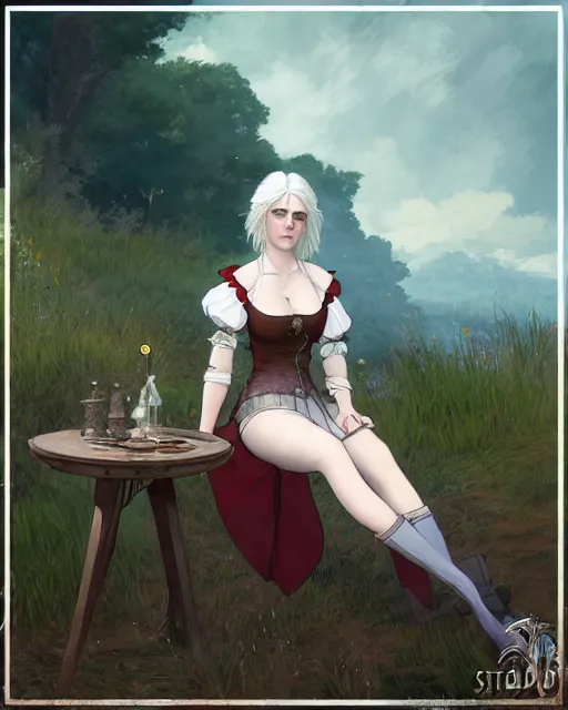 Image similar to Pre-Raphaelite Ciri from Witcher 3 by Studio Ghibli and UFO Table, intricate, elegant, highly detailed, digital painting, pale