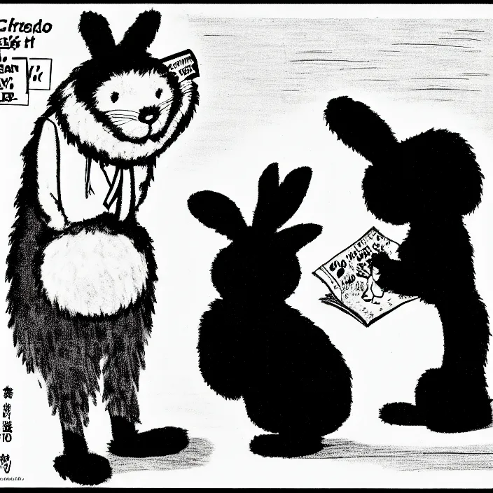 Image similar to a still frame from comic strip, black fluffy hairy furry rabbit on a clean background 1 9 5 0, herluf bidstrup, new yorker illustration, monochrome contrast bw, lineart, manga, tadanori yokoo, simplified,