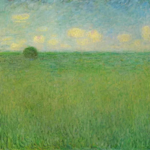 Image similar to a large gelatinous blob monster roaming threw a field, landscape, in the style of monet