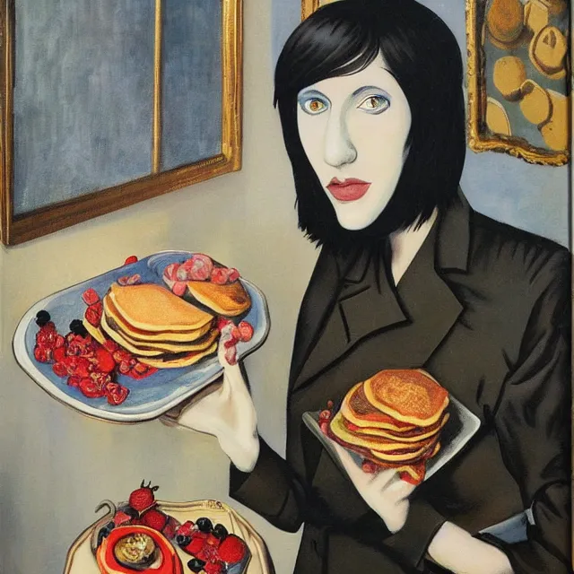 Image similar to tall emo female artist holding pancakes, in chippendale sydney, maple syrup, gold bullion, berries, pigs, octopus, acrylic on canvas, surrealist, by magritte and monet