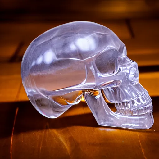 Image similar to high quality photo of crystal transparent skull,highly reflective, photography 4k, f1.8 anamorphic, bokeh, 4k, Canon, Nikon