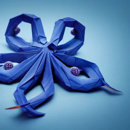 Image similar to an origami octopus, blue colors, macro photography, ambient light