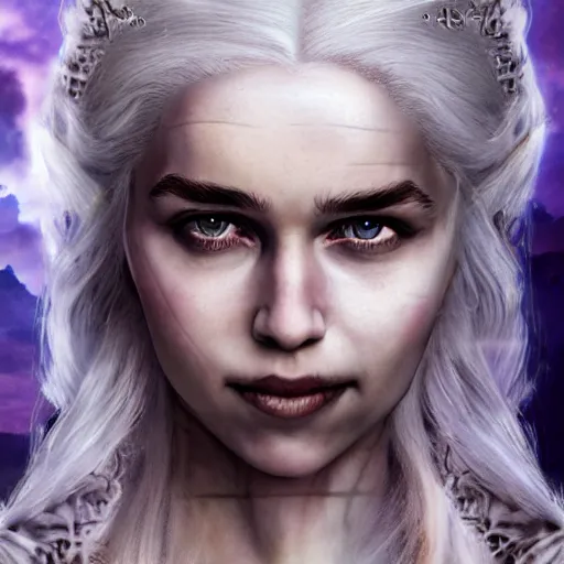 Prompt: digital matte painting of daenerys targaryen gothic clothing, red and blonde hair, purple eyes, detailed face headshot dark dramatic mysterious style of luis royo, 8 0 mm camera, high detail, hd 8 k