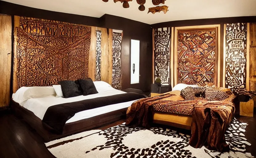 Image similar to an african themed luxurious bedroom, dark brown walls, wooden tribal masks on the wall, king size bed, beige, dark colors, artificial waterfall on the wall, chique, luxurious, elegant, walnut wood, cinnamon, tribal art, patterns, modernist, oriental