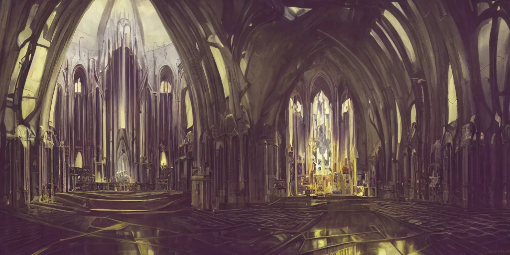 Prompt: interior, wide angle, cockpit of an futuristic gothic crusader spaceship, altar, organs, art jacek malczewski