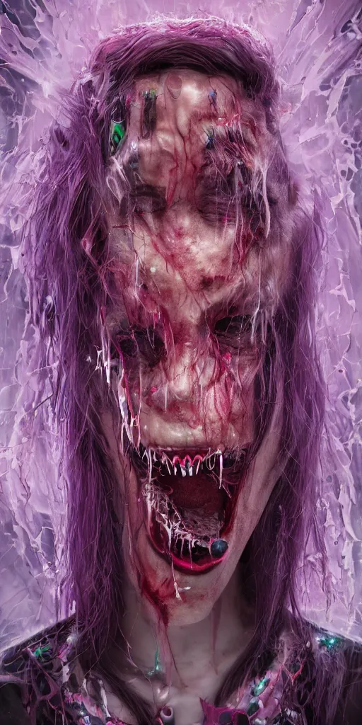 Image similar to impossibly beautiful vampire with large vampire fangs, full body, intricate complexity, horror, psychedelic glitch art, rainbow drip paint, trending on art station, photoreal, 8k, octane render