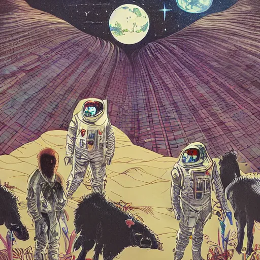Prompt: a farm on the moon, earth seen in the distance by martine johanna, macabre