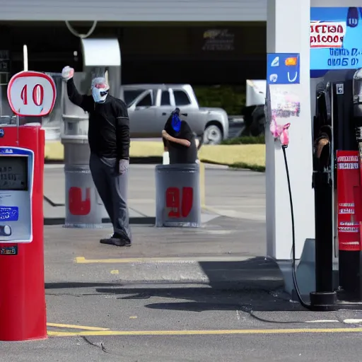 Prompt: Joe Biden raising gas prices at pump crisp detail laughing pointing people shouting with masks on