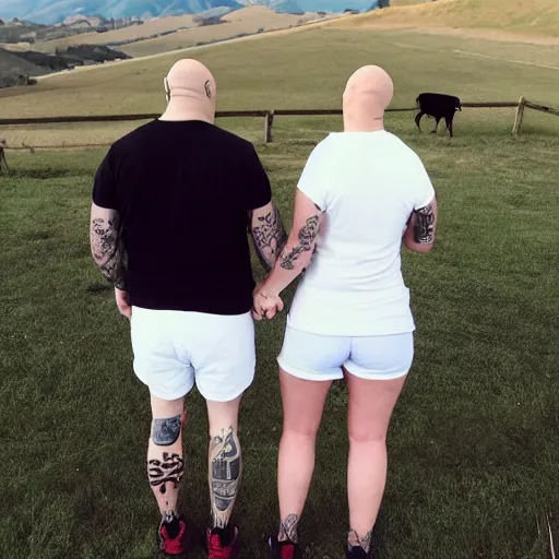 Image similar to portrait of a young fat bald white male tattoos and his young white female brown hair wife with tattoos. male is wearing a white t - shirt, tan shorts, white long socks. female is has long brown hair and a lot of tattoos. photo taken from behind them overlooking the field with a goat pen. rolling hills in the background of california and a partly cloudy sky