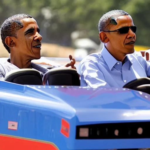 Prompt: obama and biden driving go - karts together at the fair