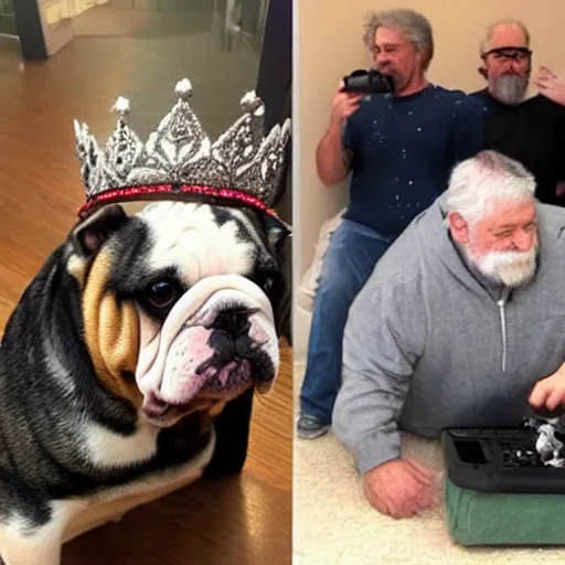 Image similar to Buddy the graying middle aged homeless man playing xbox and petting King Chales the english bulldog wearing a crown, dog wearing a crown