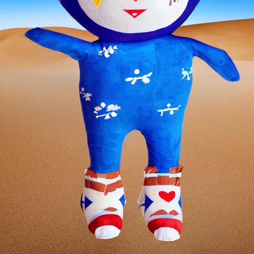 Image similar to blue'snappy gifts'human - sized plush doll, in the desert, holding gift, happy atmosphere, high detail, 8 k