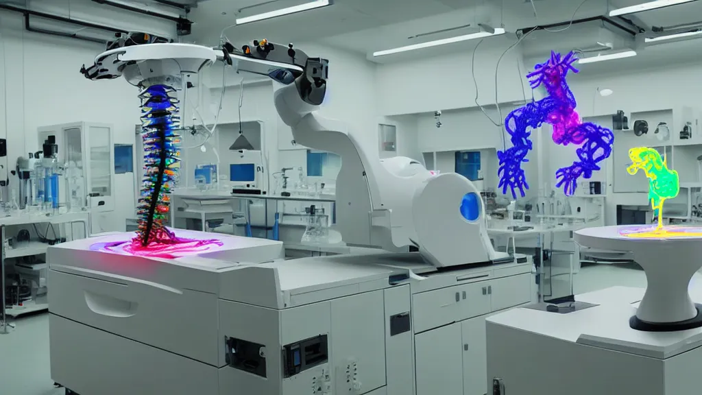 Image similar to a complex bifurcated surgical arm hybrid mri 3 d printer machine making colorful mutant forms with control panels in the laboratory inspection room, film still from the movie directed by denis villeneuve with art direction by salvador dali, wide lens