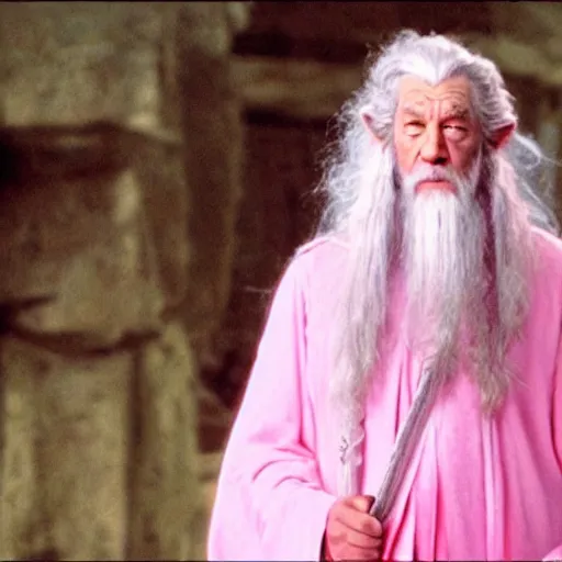 Prompt: gandalf wearing light pink robes, wearing a pink bow in his hair, movie still from the lord of the rings