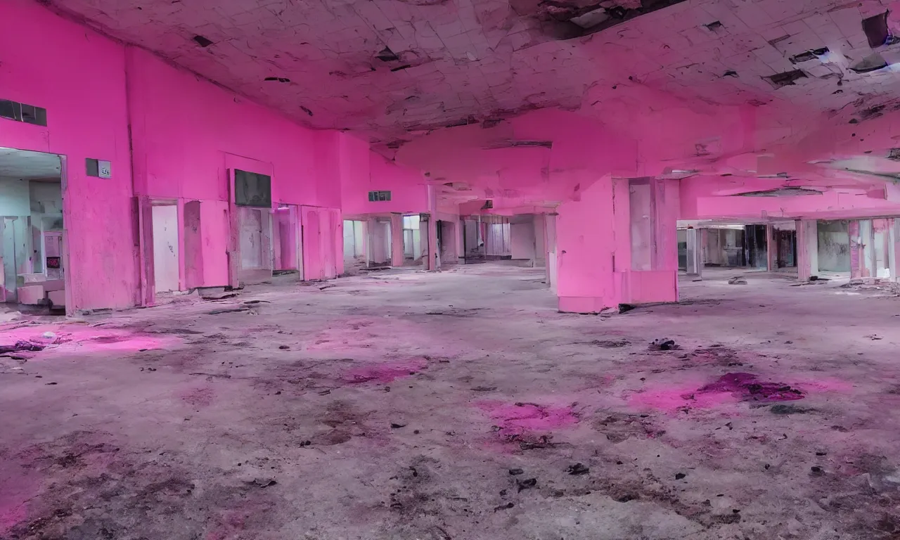 Image similar to backrooms abandoned mall, ominous neon pink and purple vaporwave lighting, moldy walls and shallow water, shadowy tall figures in the distance, bright smile in a dark spot