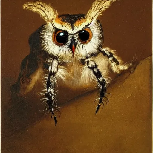 Prompt: jumping spider mixed with owl, hybrid creature, painting by Rembrandt, detailed