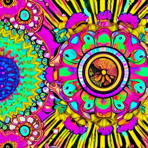 Image similar to Groovival aesthetic!, Liminal space in outer space!!!!!!, (hippie motifs), (flower power motifs), with bright psychedelic!! shapes