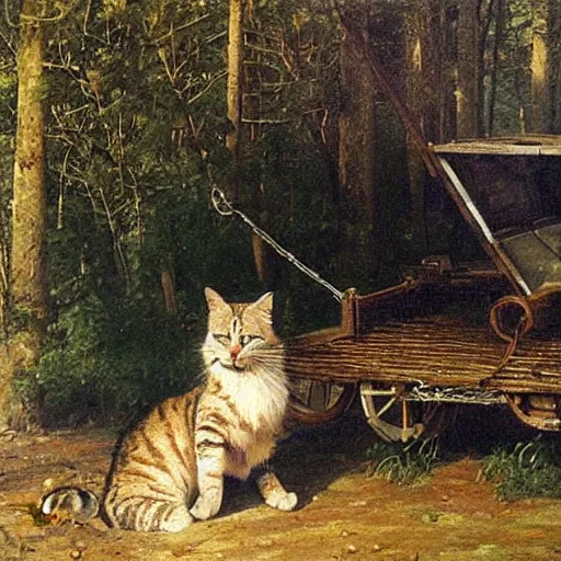 Image similar to huge cat harnessed to a cart, oil painting by Ivan Shishkin