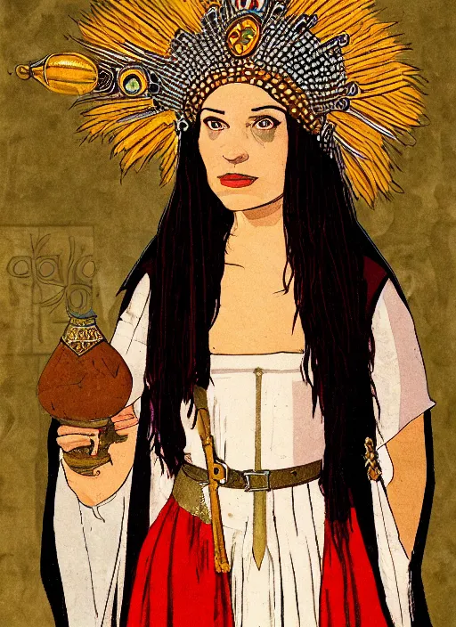 Image similar to portrait of young woman in medieval dress and medieval headdress, style by the fifth element