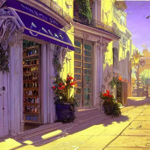 Image similar to painting of syd mead artlilery scifi organic shaped small shop with ornate metal work lands on a sidewalk, floral ornaments, greek architecture, volumetric lights, purple sun, andreas achenbach