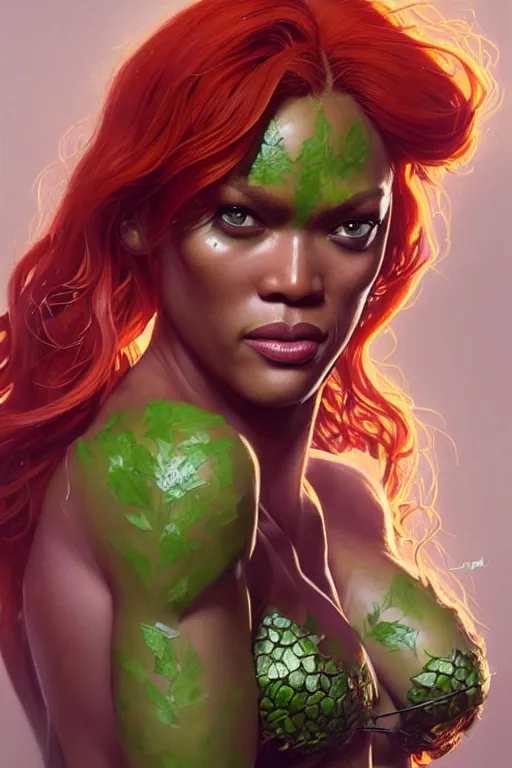 Image similar to tyra banks as poison ivy, realistic portrait, symmetrical, highly detailed, digital painting, artstation, concept art, smooth, sharp focus, illustration, cinematic lighting, art by artgerm and greg rutkowski and alphonse mucha