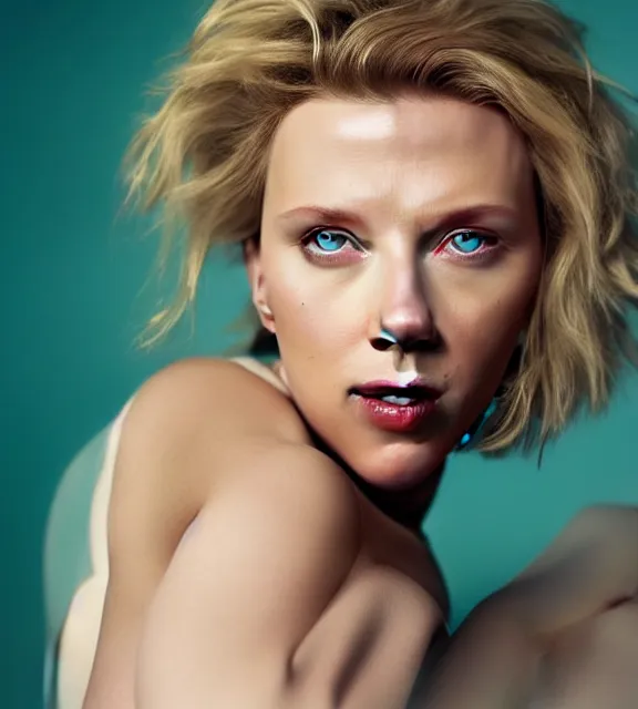 Image similar to portrait photo of Scarlett Johansson:: symmetric face, symmetric eyes, slight smile, photo by Annie Leibovitz, 85mm, teal studio backdrop, Getty images