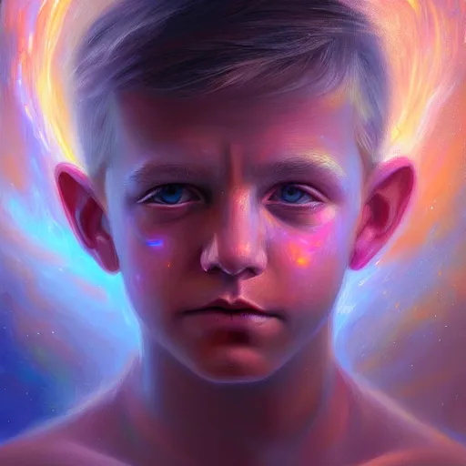 Prompt: visionary art by mandy jurgens, powerful eyes glowing highly detailed painting of deep sadness alone, young blonde boy spiritual portrait, fractal electricity surrounding him, expressive emotional sadness piece, trending on art station, abstract emotional sadness expression, very very very beautiful, fantasy digital art, visionary art, magical fantasy 2 d concept art, cosmic nebula