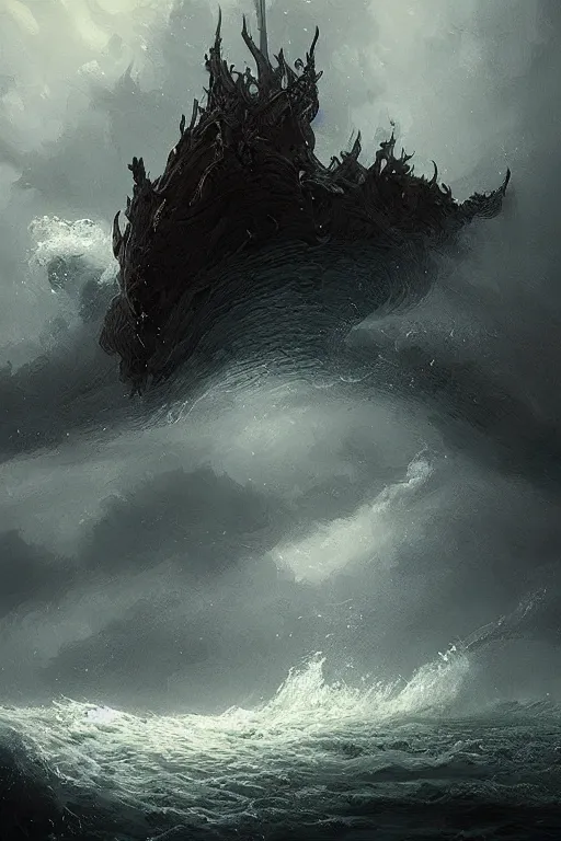 Image similar to ocean storm, eldritch, d & d, fantasy, intricate, elegant, highly detailed, digital painting, artstation, concept art, smooth, sharp focus, illustration, art by greg rutkowski