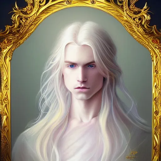 Image similar to Portrait of magical blond prince, very very very very pale white skin, long silky blond hair, dreamy and ethereal, pastel blue eyes, peaceful expression, ornate frilly regal shirt, fantasy, intricate, elegant, dynamic lighting, highly detailed, digital painting, artstation, concept art, smooth, sharp focus, illustration, art by artgerm and greg rutkowski and alphonse mucha