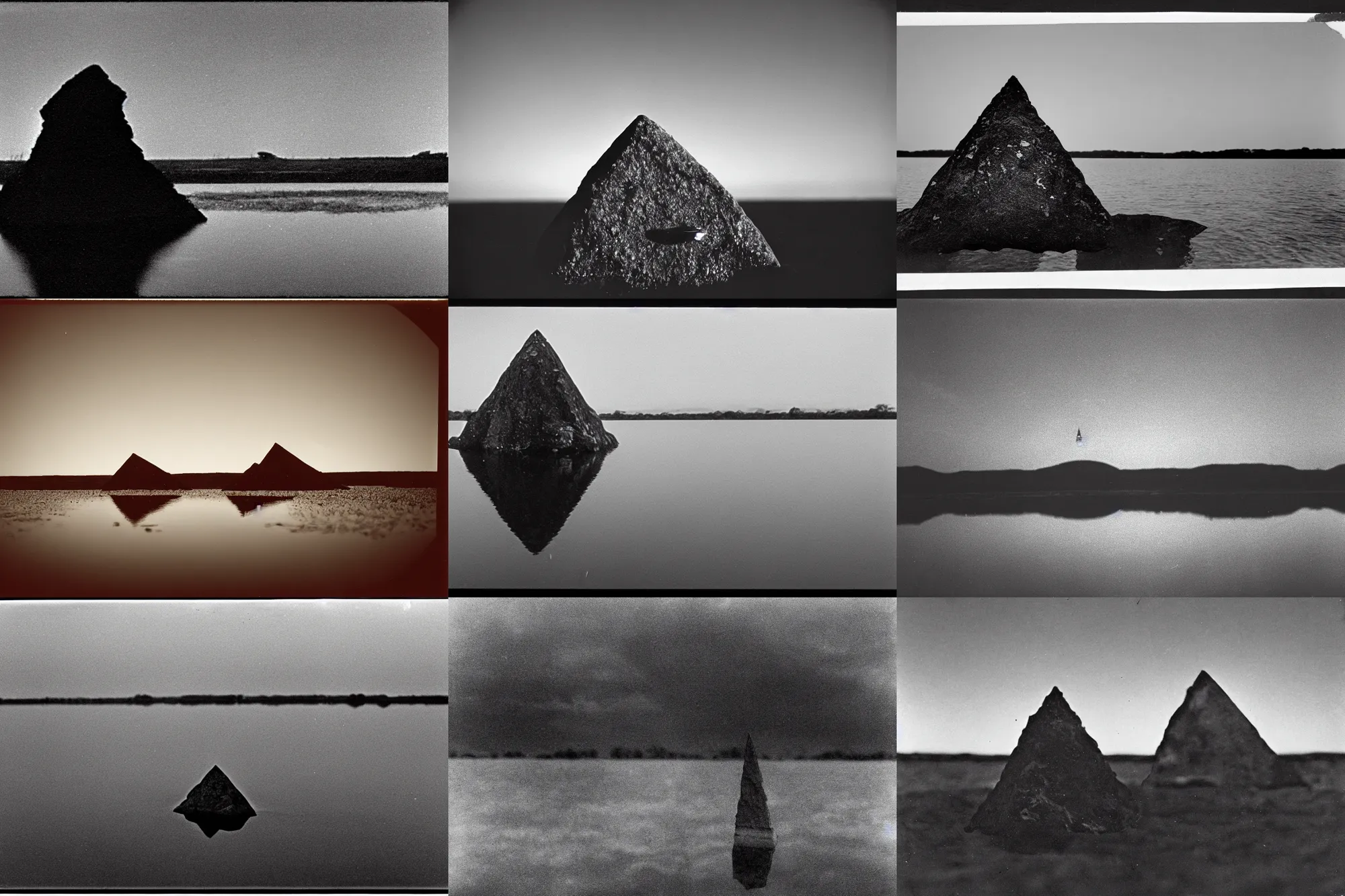 Prompt: declassified photograph of small triangular rock in still pond with silhouette of triangular alien aircraft, film grain, 3 5 mm lens, wales, government archive