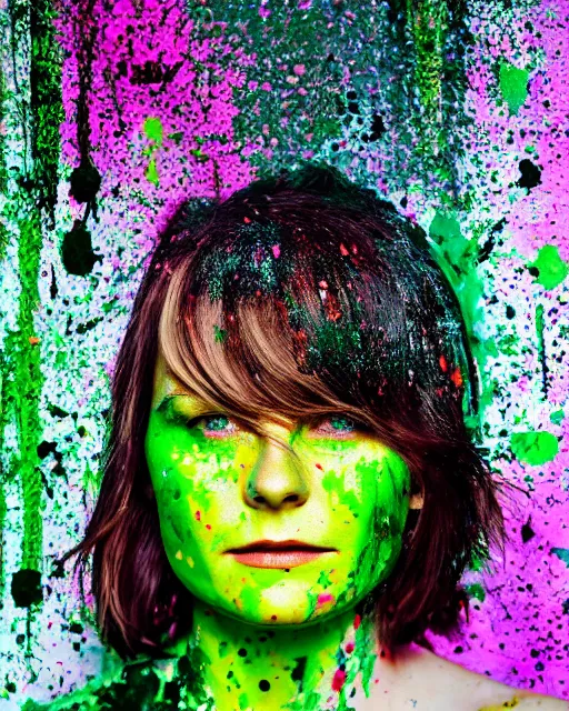 Prompt: photorealistic portrait headshot photos of kirsten dunst with bright green paint splattered across her face. photoshoot in the style of annie leibovitz, photorealistic, bokeh