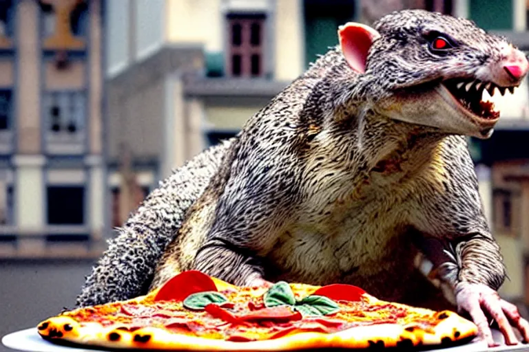 Prompt: emergence of the pizza rat, evolution, the new apex predator : unstoppable pizza rat : the reason god stays in heaven - he screams for pizza like godzilla roars