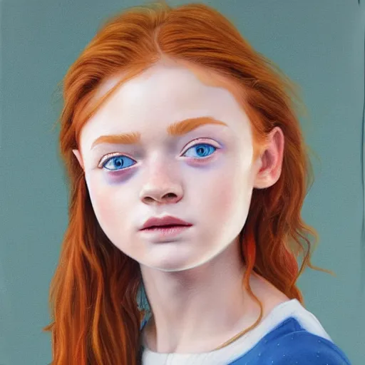 Prompt: sadie sink ginger hair blue eyes hyperrealistic detailed soft pastel painting, artstation