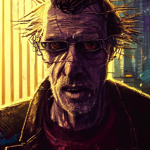 Image similar to cyberpunk, closeup portrait of a shaggy old cyberpunk fence, crooked teeth, bald, tired eyes, tattered tweed jacket, dramatic light, city background, sunset, dystopian setting, high contrast, sharp, neuromancer, the finn, painted by stanley lau, painted by greg rutkowski, painted by stanley artgerm, digital art, trending on artstation