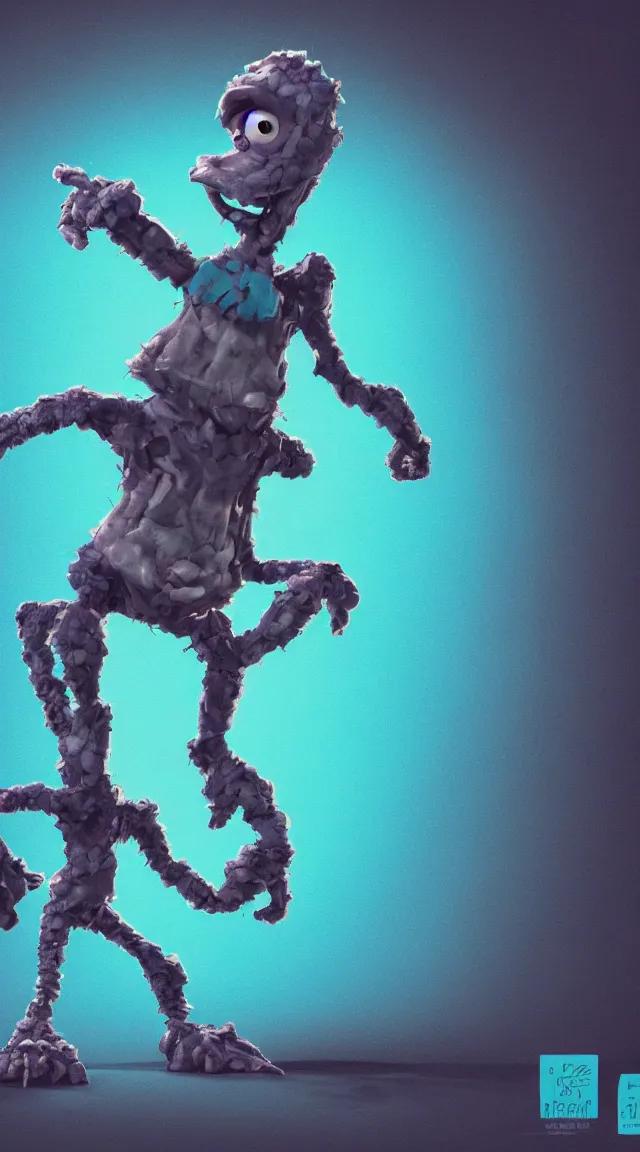 Image similar to a full studio shot of a virus as a pixar character against a dark cyan backdrop. character study.