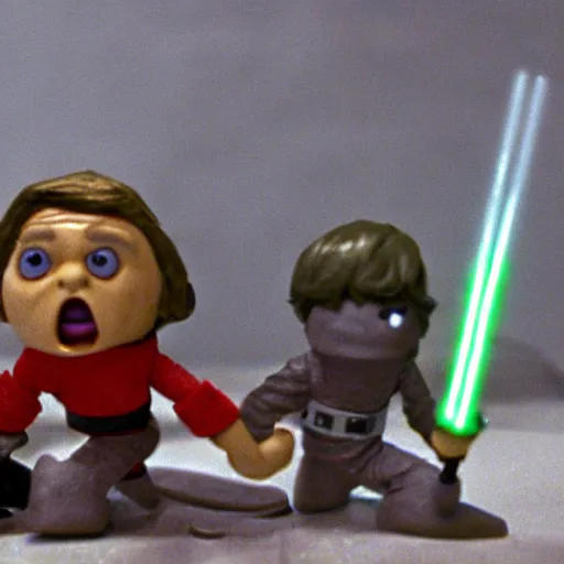 Image similar to claymation scene from star wars of darth vader lightsaber battle against luke skywalker