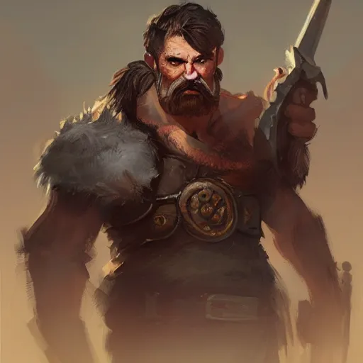 Image similar to portrait old barbarian warrior with trucker mustache and short hair, 8 k, trending on art station, by tooth wu and greg rutkowski