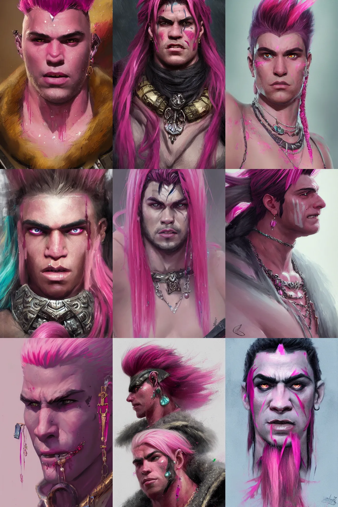 Prompt: half - orc bouncer with pink streaks in hair, elaborate jewellery, painted by greg rutkowski, detailed portrait, featured in artstation