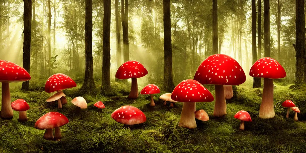 Image similar to Photo by Filip Hodas of the cinematic view of the Forest of the Giants, various giant mushrooms, some little mushrooms on the floor, only 3 very big red mushroom with white spots in second photo plan, photorealism, a few sun ray of lights falling with dust, def of field, photo taken with canon 5D