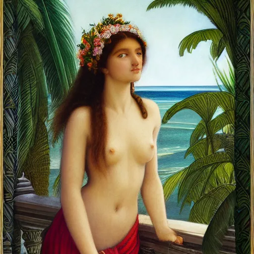 Prompt: a ultradetailed beautiful painting of a girl in the amazonas palace balustrade designed by edward robert hughes, tarsila do amaral, frank weston and gustave baumann, beach, trending on artstation, mediterranean, palm trees, detailed face, sharp focus, soft light, 8 k 4 k