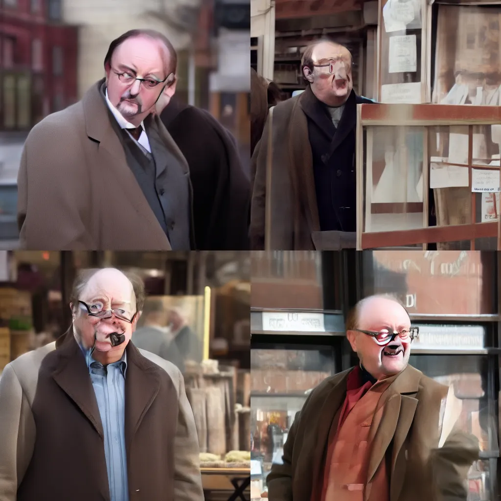 Prompt: Alex Norton as DCI Matthew Burke wearing a brown overcoat standing at an outside market booth