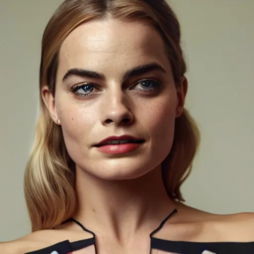 Image similar to a woman who is a genetic combination of margot robbie and emma watson face and upper - body focus