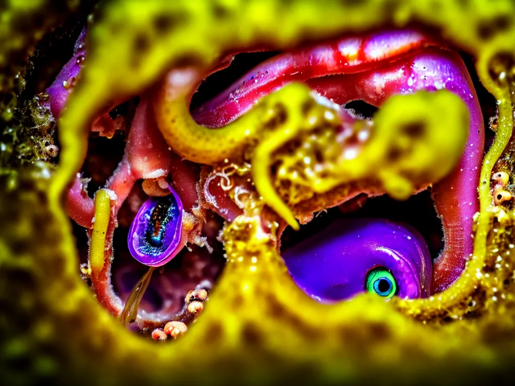 Prompt: a perfect portrait of a cross section of a squid with tiny humans burrowing wormlike through its juicy interior. macro extreme, eye popping wet colours.